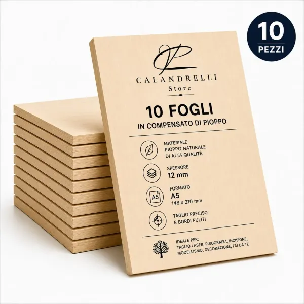 10 Fogli Compensato di Pioppo Sp. 12 mm – Pannelli in Legno per Taglio Laser, Pirografia, Incisione, Modellismo e Fai