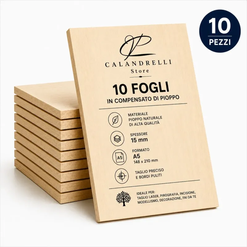 10 Fogli Compensato di Pioppo Sp. 15 mm – Pannelli in Legno per Taglio Laser, Pirografia, Incisione, Modellismo e Fai